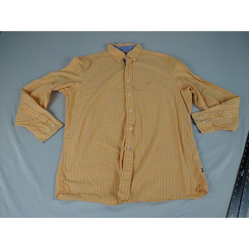 Nautica Button Down Men's Shirt L Orange/Blue Stripe Long Sleeve Preppy Classic